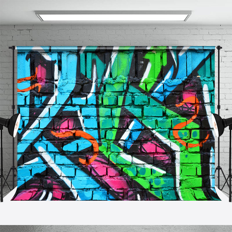 Aperturee - Green Blue Pink Brick Graffiti Wall Photo Backdrop