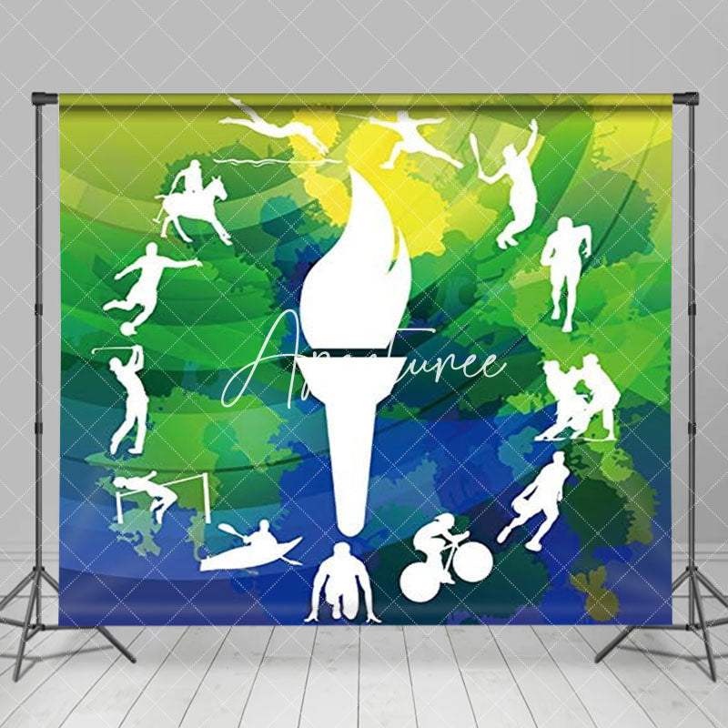 Aperturee - Green Blue Yellow Torch Sports Backdrop For Olympic