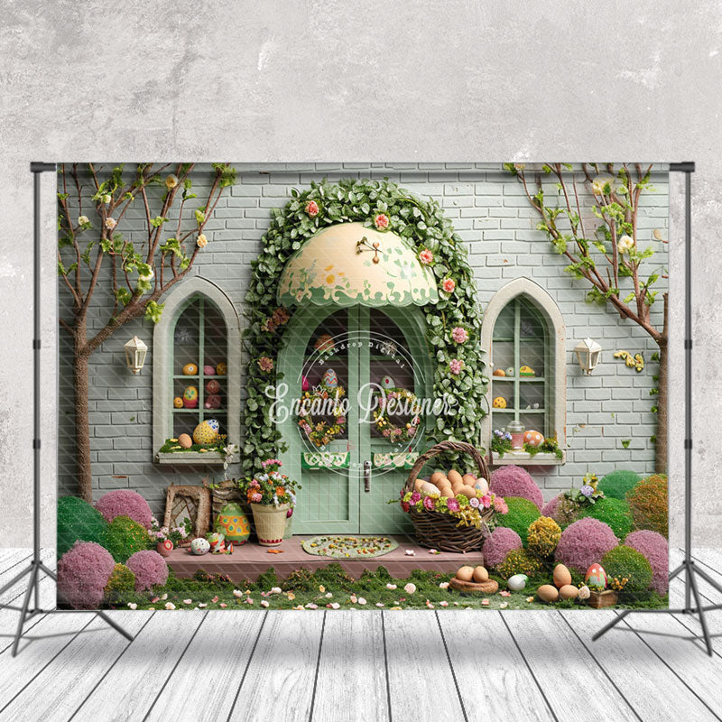 Aperturee - Green Brick Wall Door Egg Easter Photo Backdrop