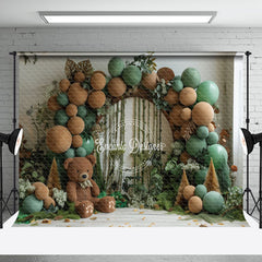 Aperturee - Green Brown Balloons Plant Bear Cake Smash Backdrop