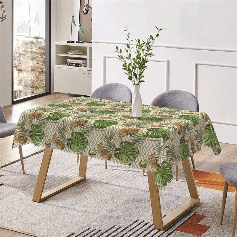 Aperturee - Green Brown Leaves Wavy Pattern Rectangle Tablecloth