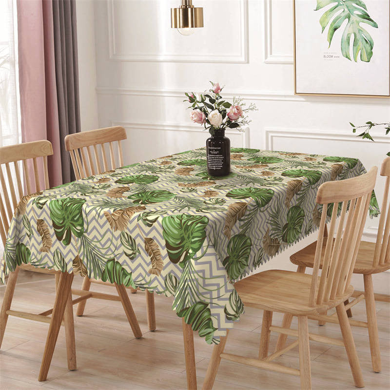 Aperturee - Green Brown Leaves Wavy Pattern Rectangle Tablecloth