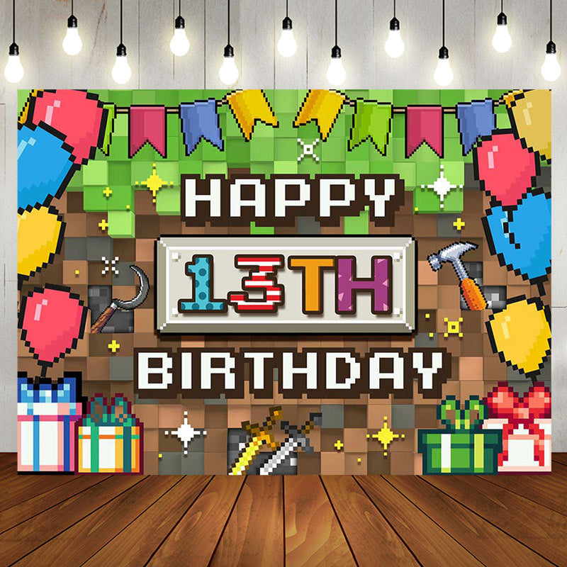 Aperturee - Green Brown Pixel Games Gifts 13th Birthday Backdrop