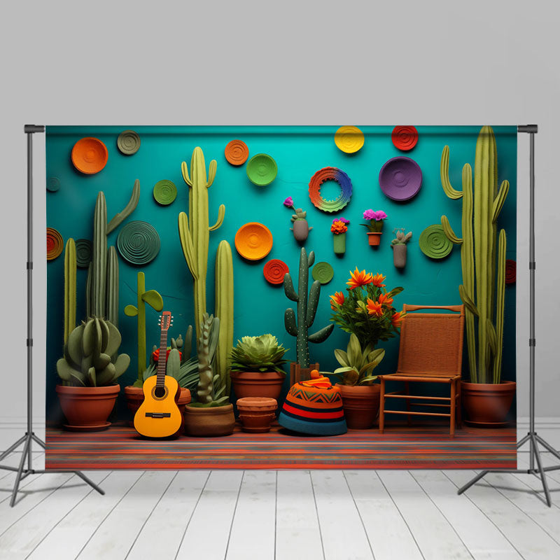 Aperturee - Green Cactus Guitar Circle Photography Backdrop