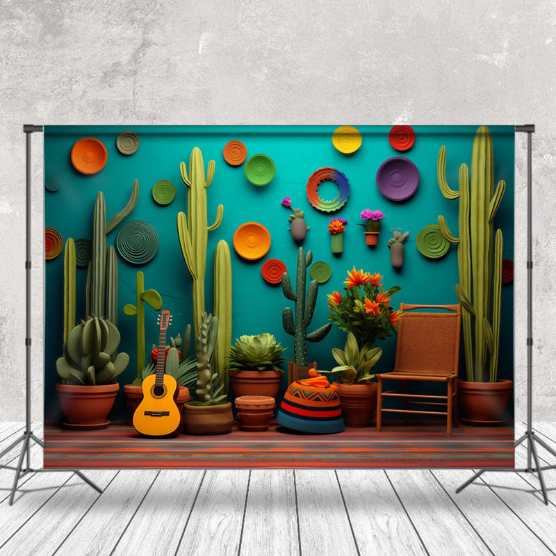 Aperturee - Green Cactus Guitar Circle Photography Backdrop