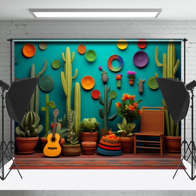 Aperturee - Green Cactus Guitar Circle Photography Backdrop