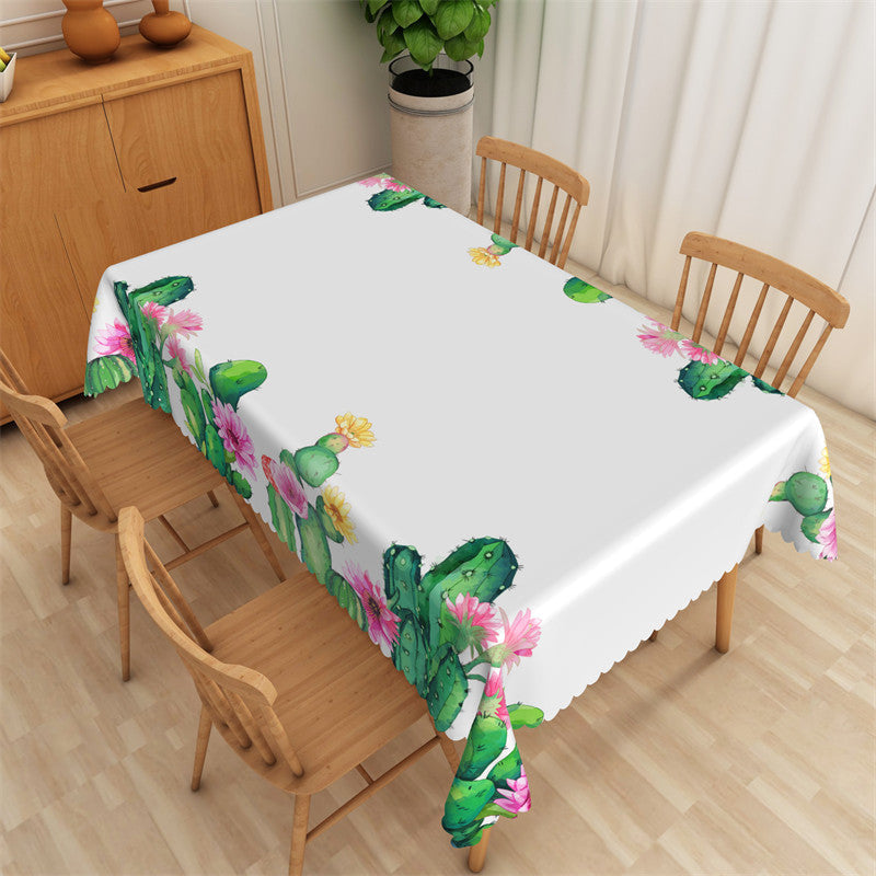 Aperturee - Green Cactus Pink Floral White Rectangle Tablecloth