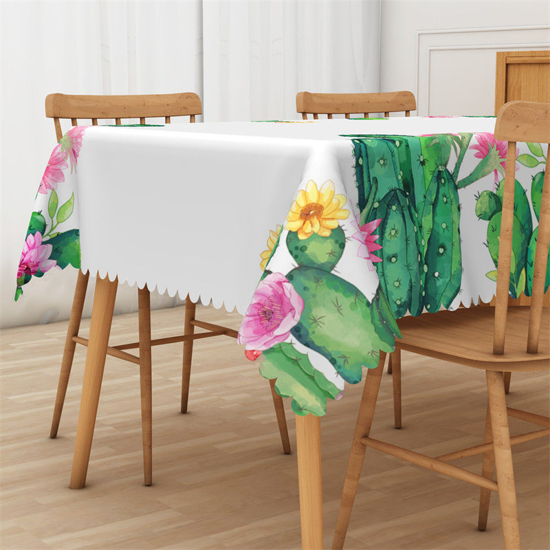 Aperturee - Green Cactus Pink Floral White Rectangle Tablecloth