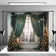 Aperturee - Green Christmas Trees Window Winter Photo Backdrop