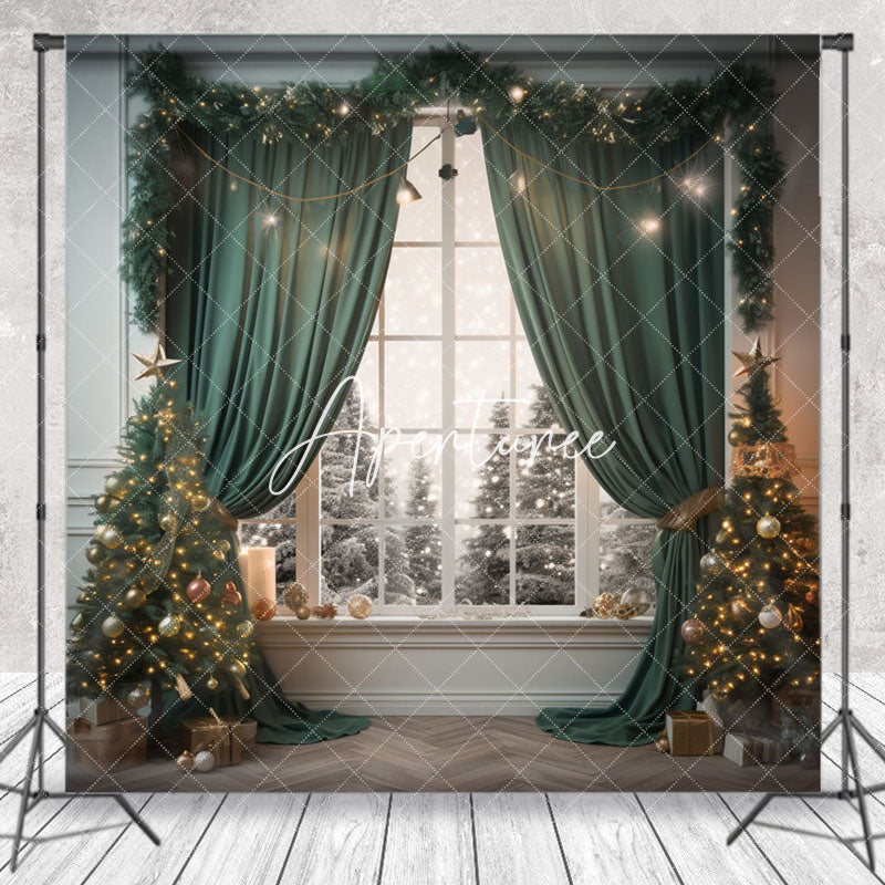 Aperturee - Green Christmas Trees Window Winter Photo Backdrop