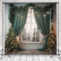 Aperturee - Green Christmas Trees Window Winter Photo Backdrop