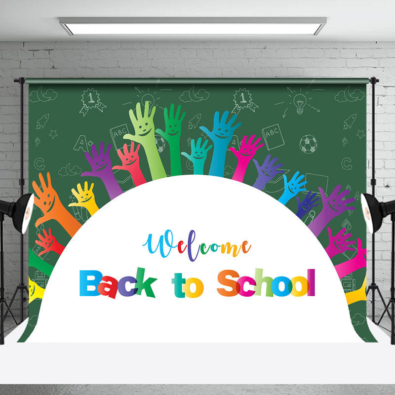 Aperturee - Green Colorful Raised Hands Back To School Backdrop