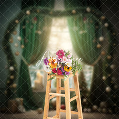 Aperturee - Green Curtain Christmas Winter Window Photo Backdrop