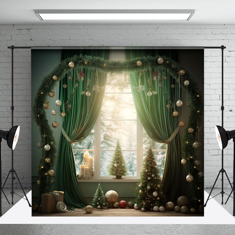 Aperturee - Green Curtain Christmas Winter Window Photo Backdrop