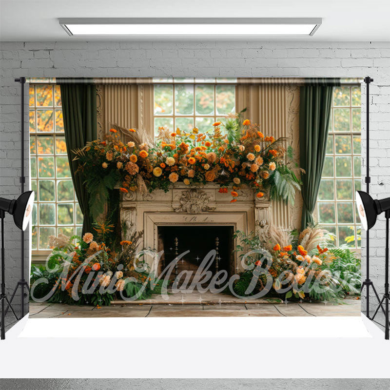 Aperturee - Green Curtain Fireplace Vintage Cake Smash Backdrop