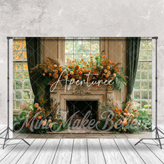 Aperturee - Green Curtain Fireplace Vintage Cake Smash Backdrop