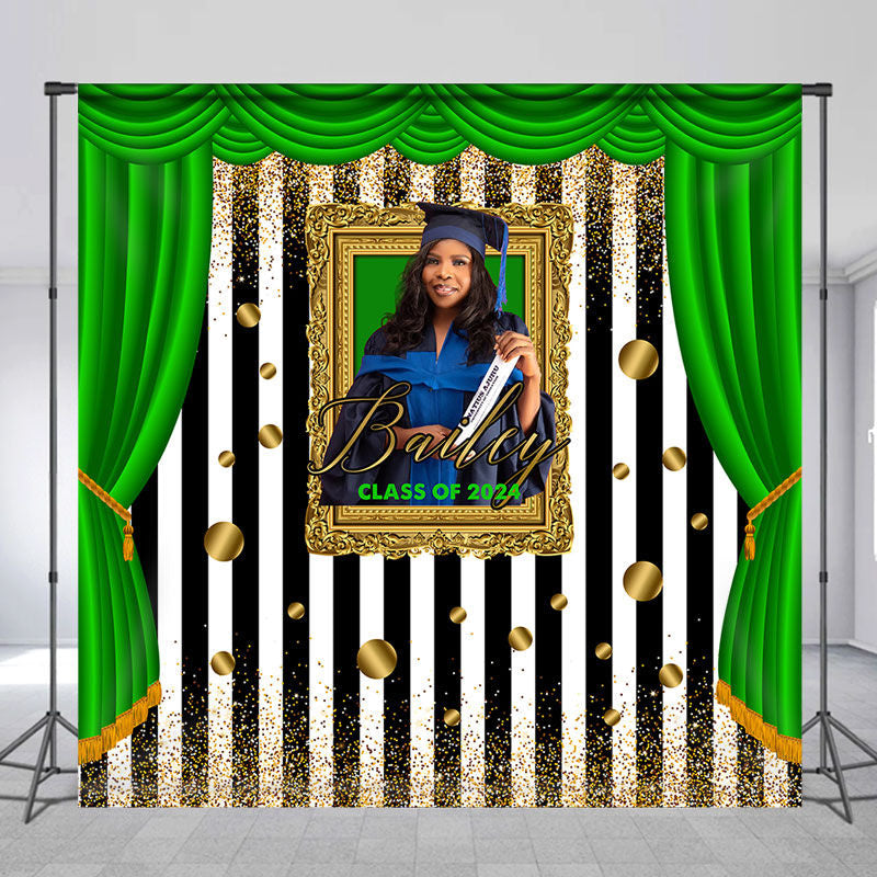 Aperturee - Green Curtain Frame Stripe Custom Graduation Backdrop