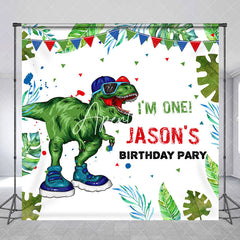 Aperturee - Green Dinosaur Custom Name Birthday Party Backdrop