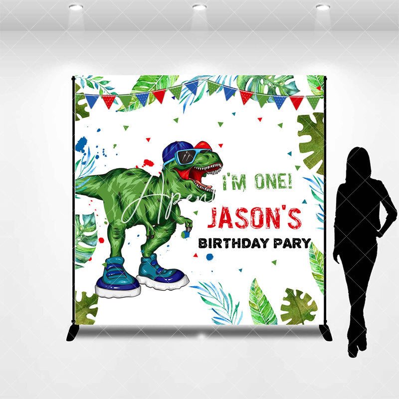 Aperturee - Green Dinosaur Custom Name Birthday Party Backdrop