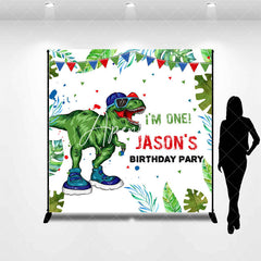 Aperturee - Green Dinosaur Custom Name Birthday Party Backdrop