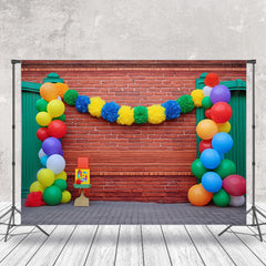 Aperturee - Green Door Colorful Balloons Red Brick Backdrop