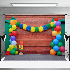 Aperturee - Green Door Colorful Balloons Red Brick Backdrop