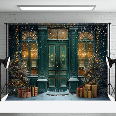 Aperturee - Green Door Tree Gift Winter Snowy Christmas Backdrop