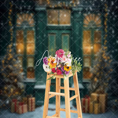 Aperturee - Green Door Tree Gift Winter Snowy Christmas Backdrop