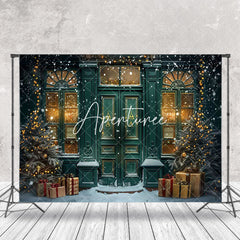 Aperturee - Green Door Tree Gift Winter Snowy Christmas Backdrop