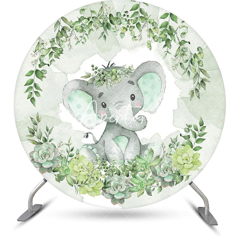 Aperturee - Green Elephant Floral Round Baby Shower Backdrop