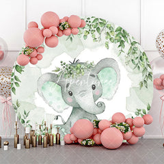 Aperturee - Green Elephant Floral Round Baby Shower Backdrop