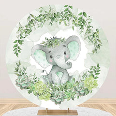 Aperturee - Green Elephant Floral Round Baby Shower Backdrop