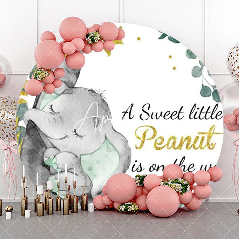 Aperturee - Green Elephant Gold Leaf Round Baby Shower Backdrop