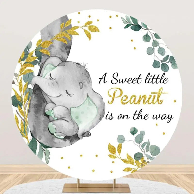 Aperturee - Green Elephant Gold Leaf Round Baby Shower Backdrop