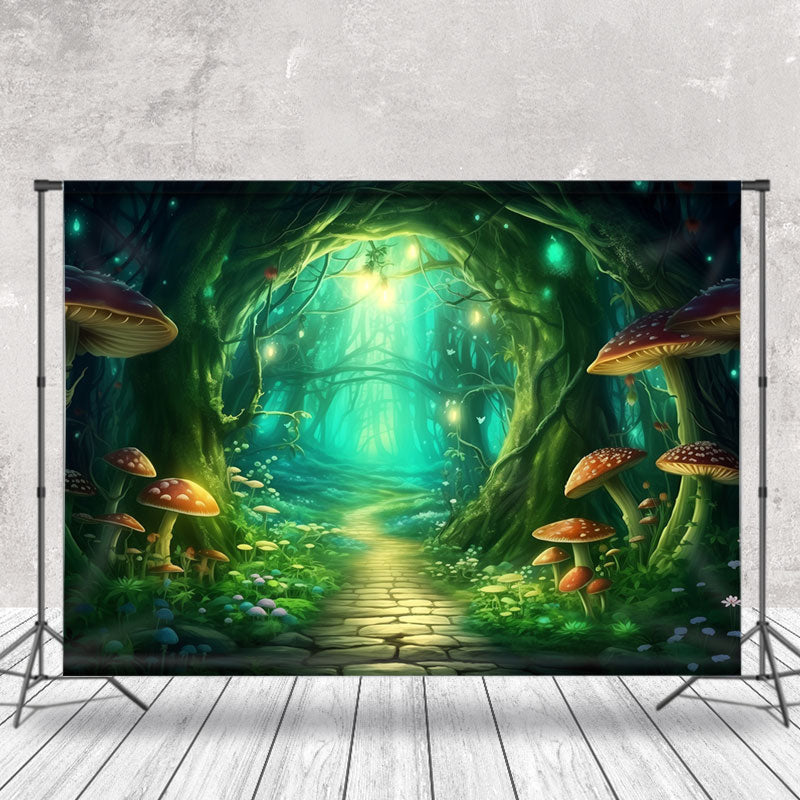 Aperturee - Green Enchanted Forest Mushroom Path Photo Backdrop