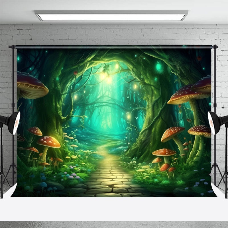 Aperturee - Green Enchanted Forest Mushroom Path Photo Backdrop