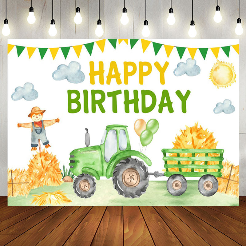 Aperturee - Green Farm Truck Happy Birthday Backdrop for Boy