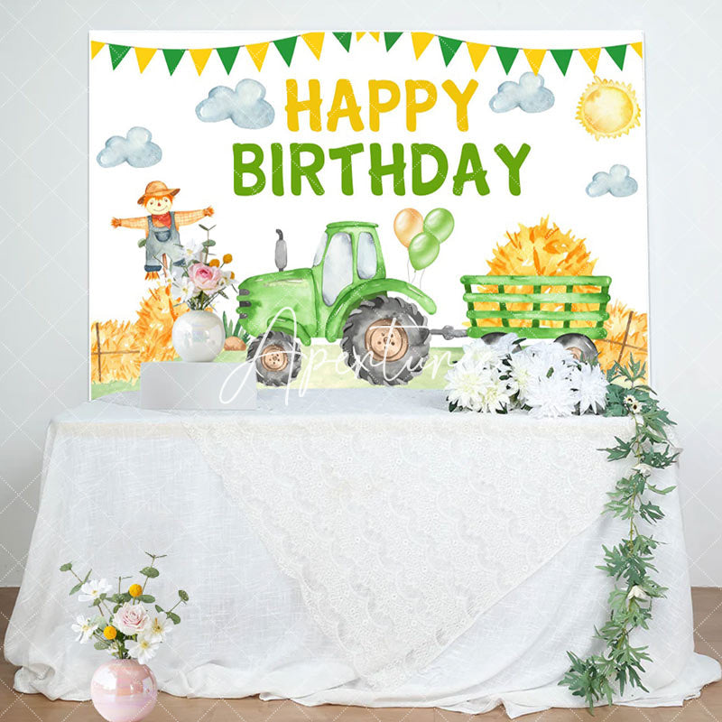 Aperturee - Green Farm Truck Happy Birthday Backdrop for Boy