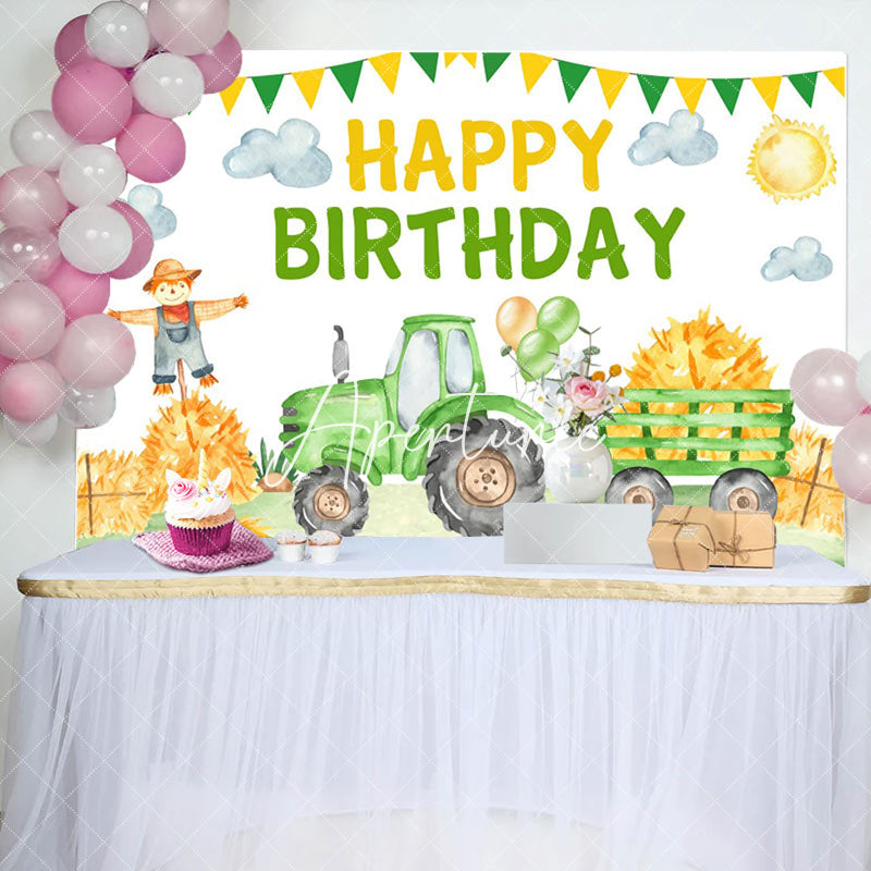 Aperturee - Green Farm Truck Happy Birthday Backdrop for Boy