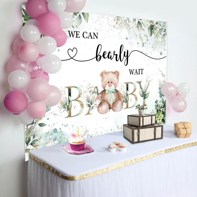 Aperturee - Green Floral Leaves Teddy Bear Baby Shower Backdrop