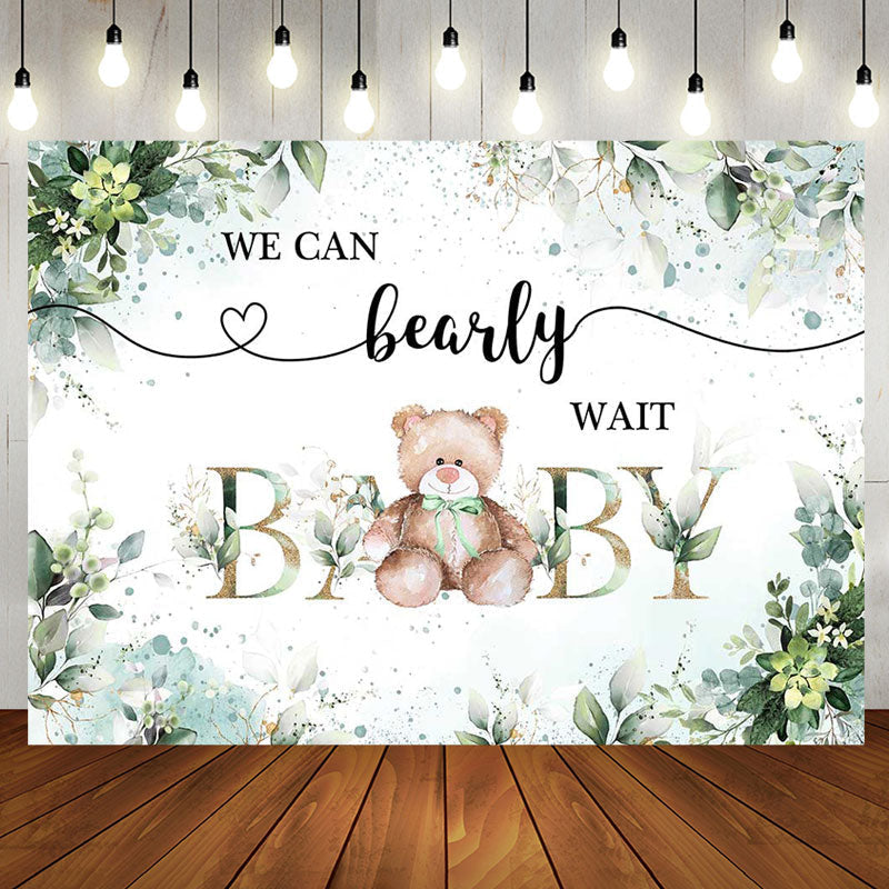 Aperturee - Green Floral Leaves Teddy Bear Baby Shower Backdrop