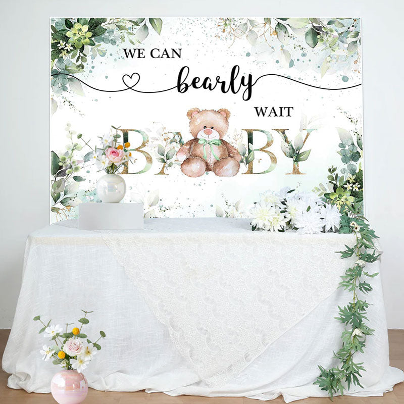 Aperturee - Green Floral Leaves Teddy Bear Baby Shower Backdrop