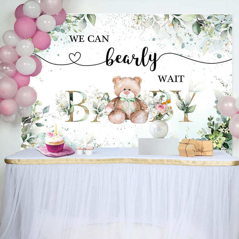 Aperturee - Green Floral Leaves Teddy Bear Baby Shower Backdrop