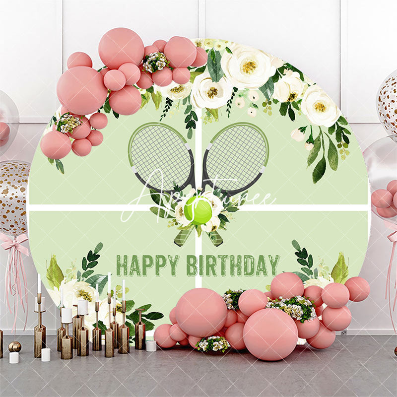 Aperturee - Green Floral Spring Tennis Round Birthday Backdrop