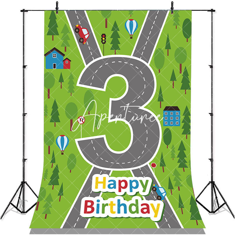 Aperturee - Green Forest Cross Road Happy 3rd Birthday Backdrop