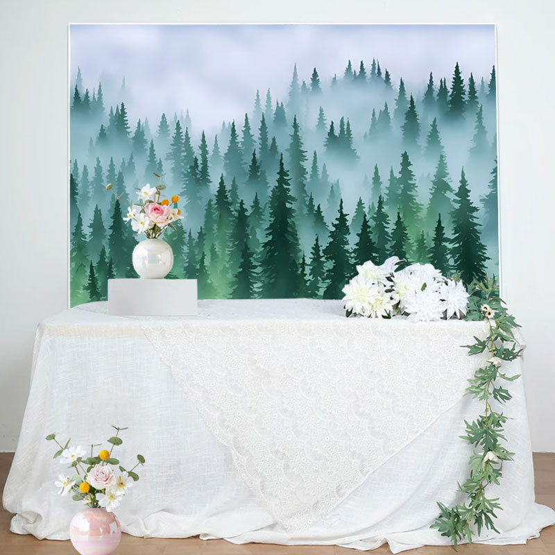 Aperturee - Green Forest Fog Pine Tree Birthday Party Backdrop