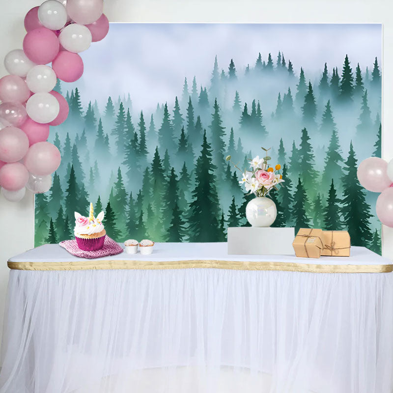 Aperturee - Green Forest Fog Pine Tree Birthday Party Backdrop