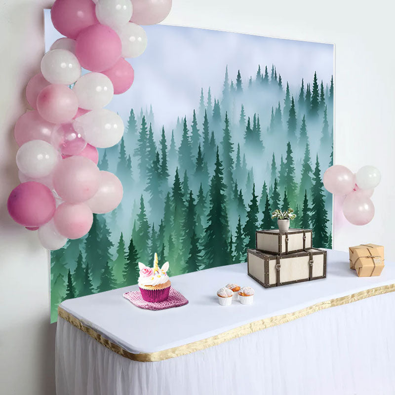 Aperturee - Green Forest Fog Pine Tree Birthday Party Backdrop