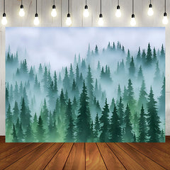 Aperturee - Green Forest Fog Pine Tree Birthday Party Backdrop