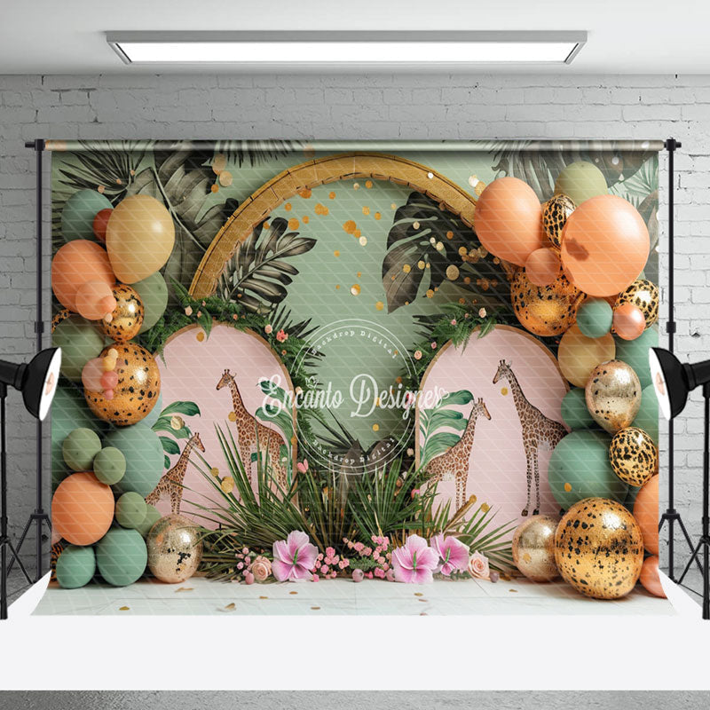 Aperturee - Green Forest Giraffe Monstera Cake Smash Backdrop